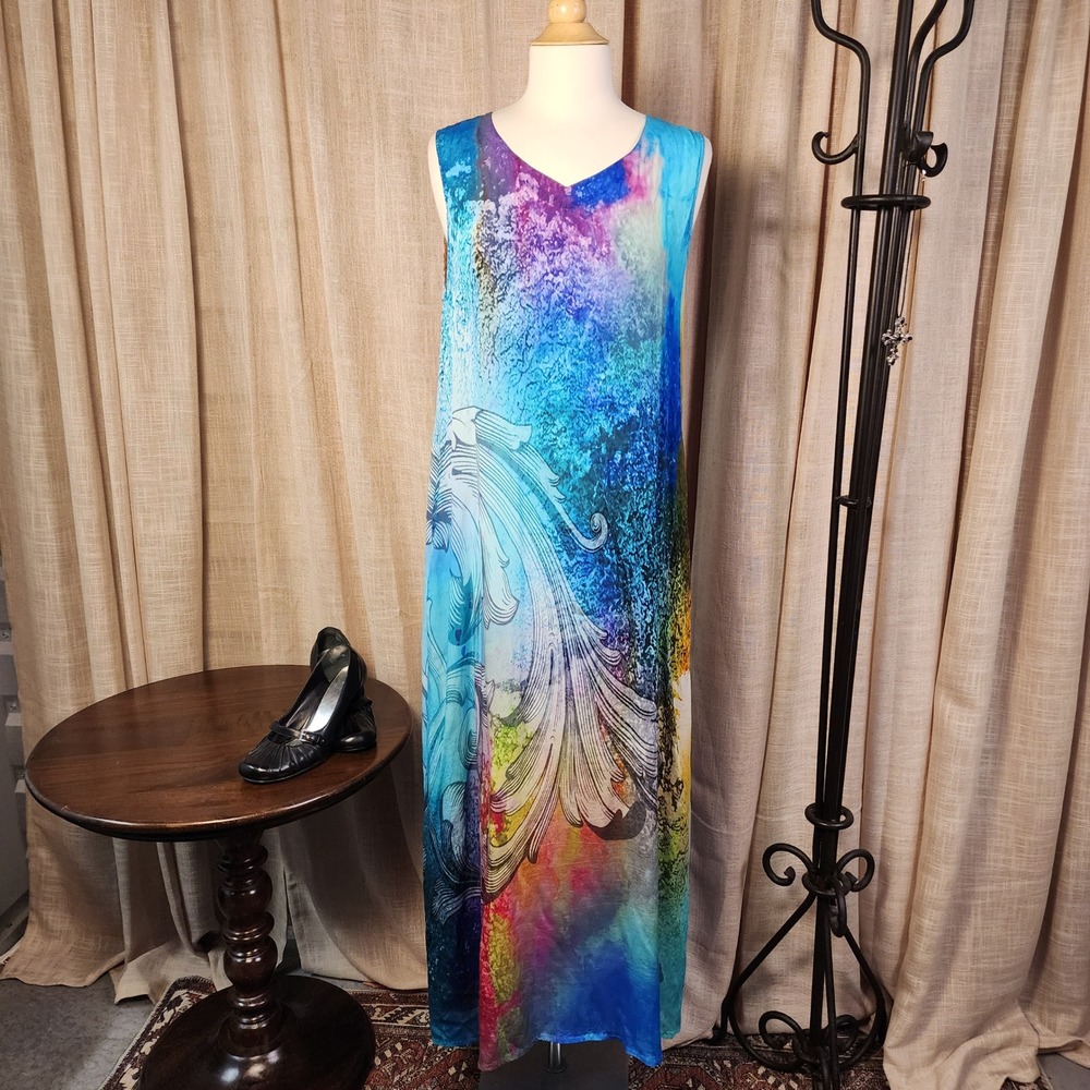 APNY Maxi Dress XL Blue Multi Color Cupro Viscose Abstract Art Sleeveless V-Neck